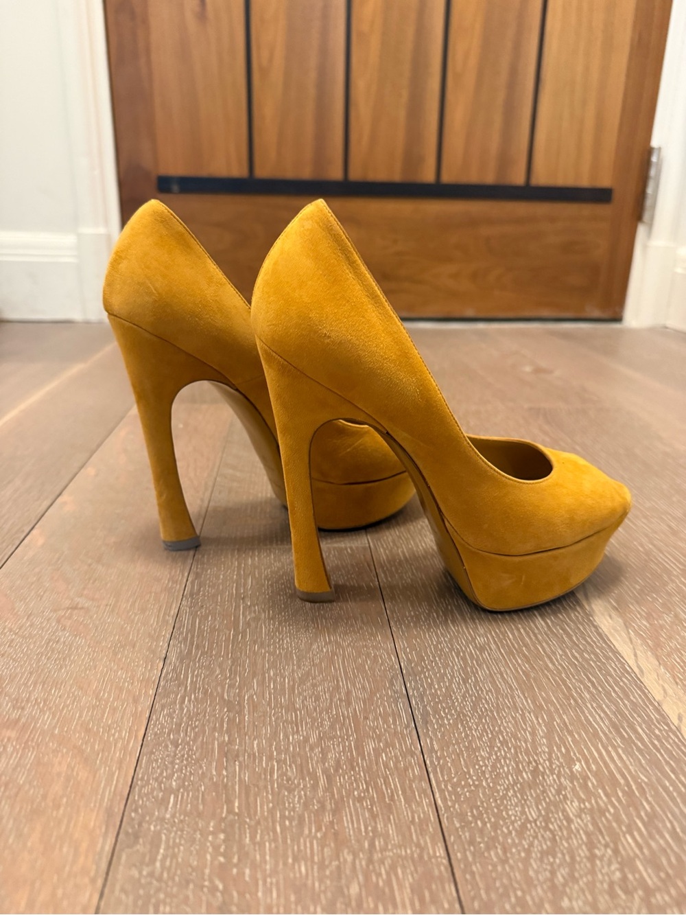 Yves Saint Laurent Mustard Suede Platform Pumps
